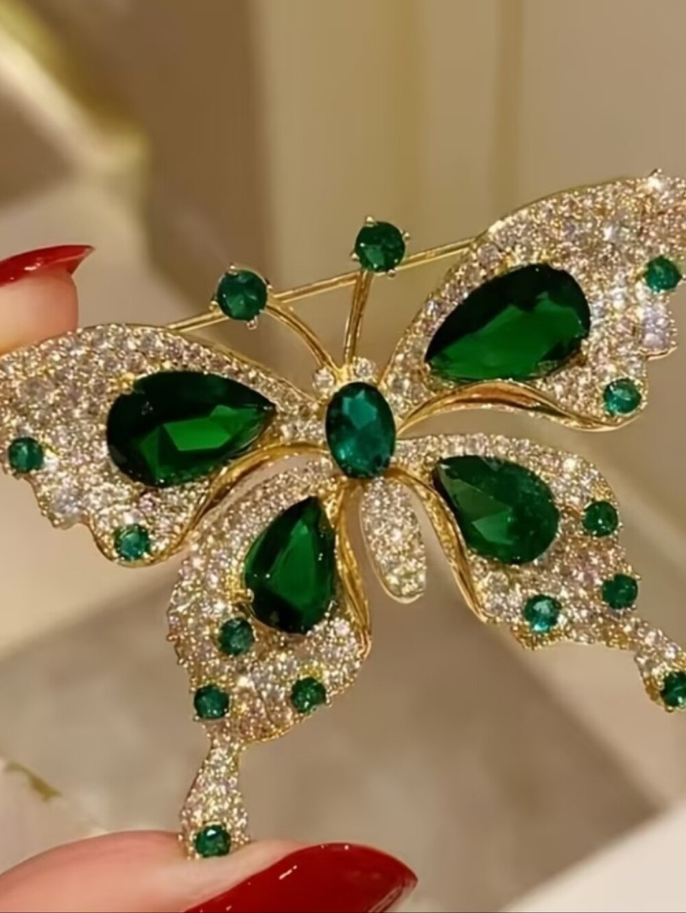 Gold Tone Butterfly Brooch with Emerald Green Stones - Women Jewelry